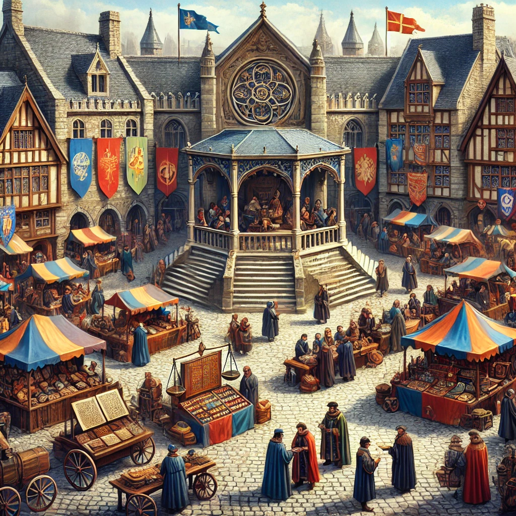 A bustling medieval market square surrounded by stone buildings